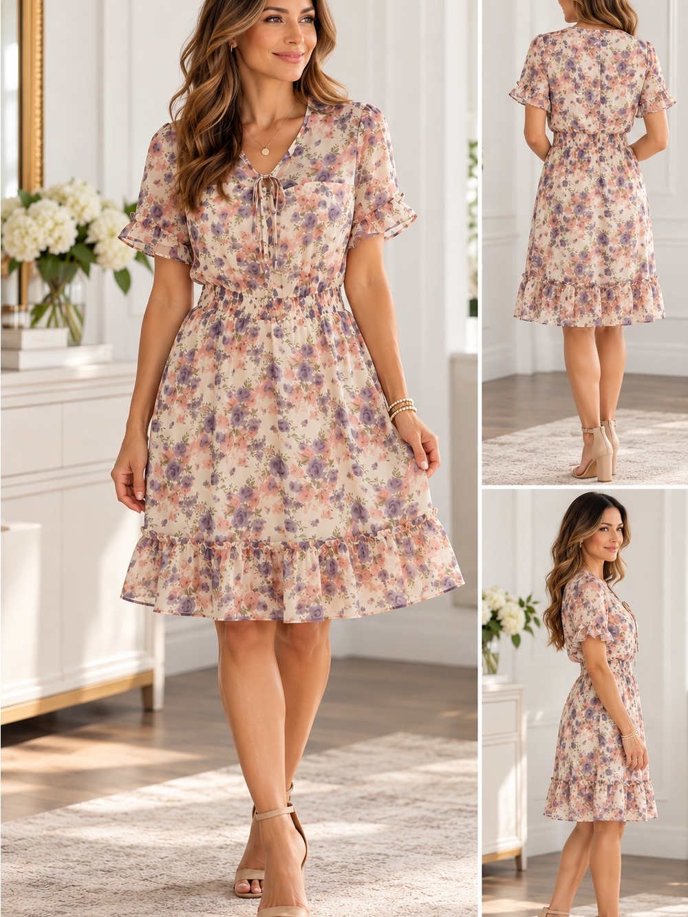 Allegra K Cream Floral Tie-Neck A-Line Dress